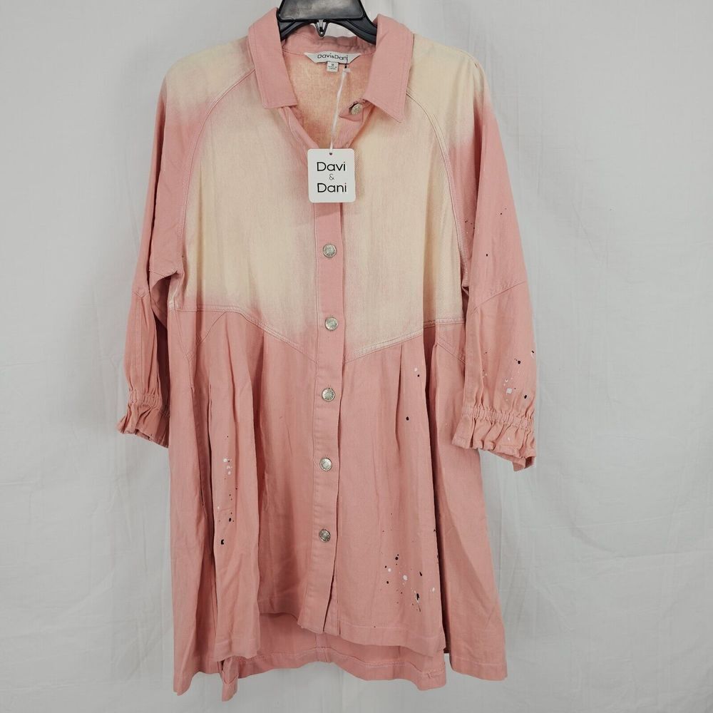 Davi & Dani Ella Denim Paint Splatter Button Down Dress In Pink Women's Sz Med